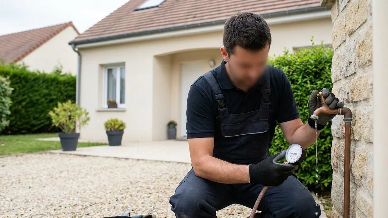Mesure de la pression au manomètre sur une arrivée d’eau dans un logement d’Épinay-sur-Seine