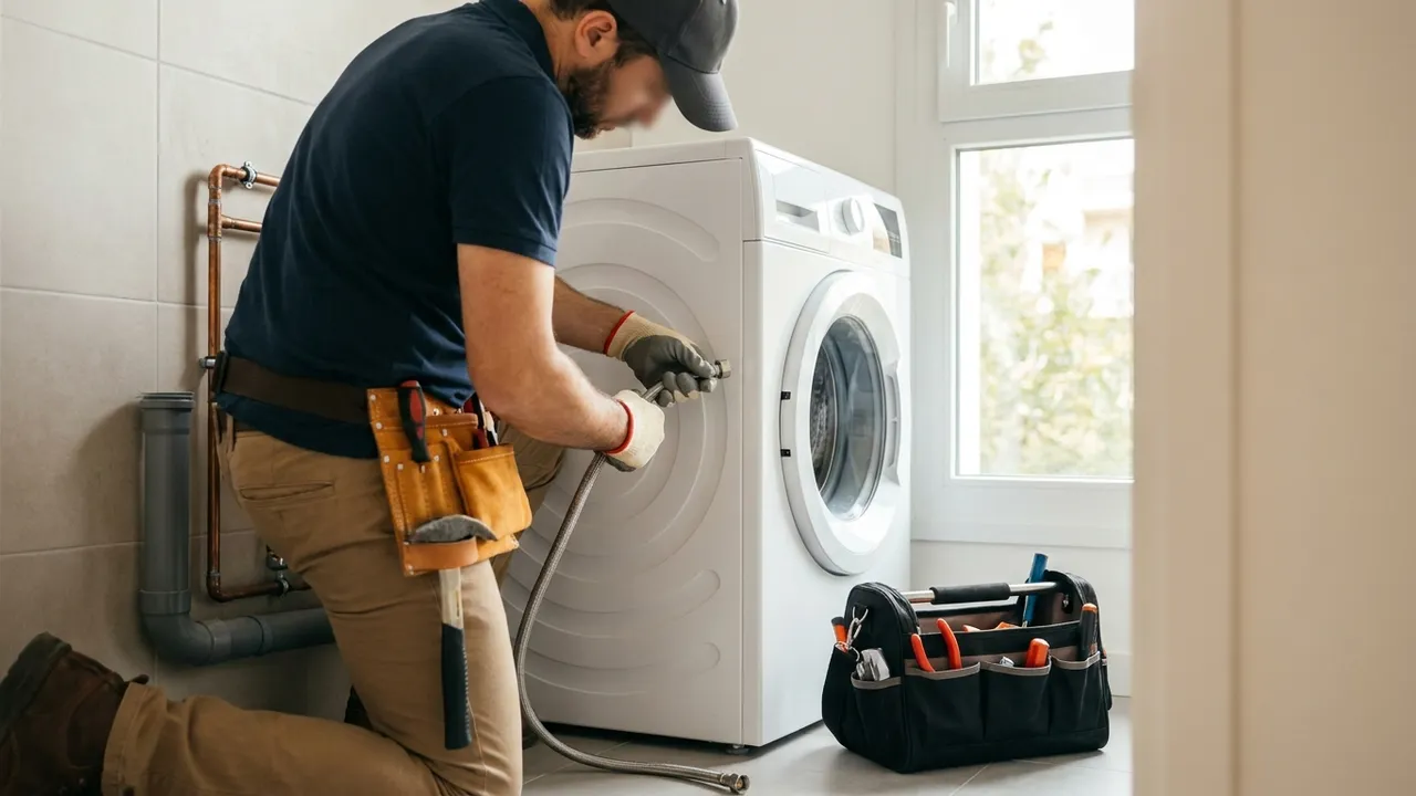 Raccordement d’un lave-linge sur robinet et siphon dédiés dans une cuisine d’Épinay-sur-Seine